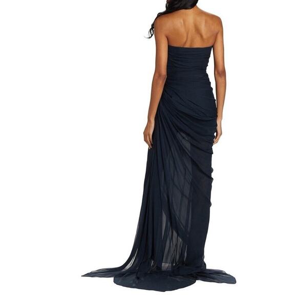 Oscar de la Renta Strapless Floral Appliqué Gown Navy Long Maxi Dress Crystal - Picture 4 of 13